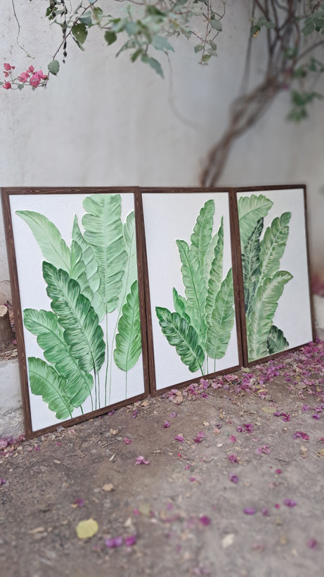 تابلو سه تیکه برگ سبز اجرای گالری جهان ابعاد هر تابلو 50*70 و 100*70 کد078