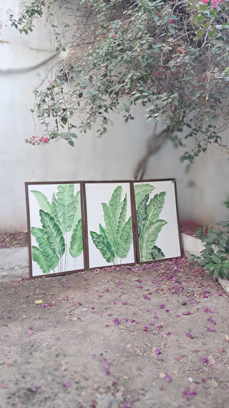 تابلو سه تیکه برگ سبز اجرای گالری جهان ابعاد هر تابلو 50*70 و 100*70 کد078