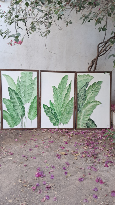 تابلو سه تیکه برگ سبز اجرای گالری جهان ابعاد هر تابلو 50*70 و 100*70 کد078